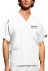 White Unisex V-Neck Scrub Top including Embroidered UMass Amherst College of Nursing logo